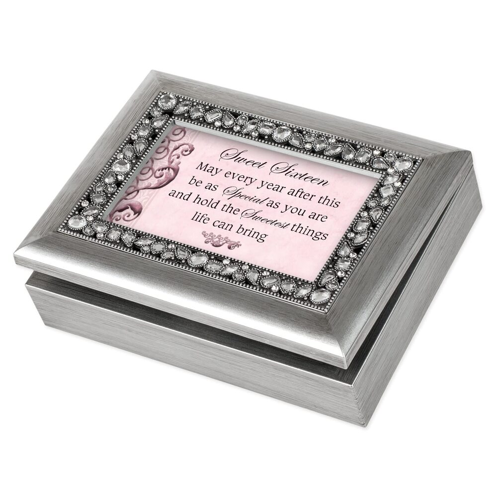 3704 Sweet Sixteen Brushed Silver Jeweled Inlay Jewelry Music Box Plays You